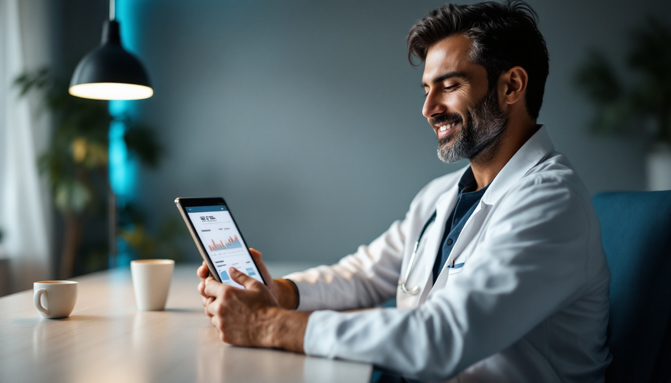 Dentista sereno utilizza un sito web in abbonamento senza pensieri tecnici